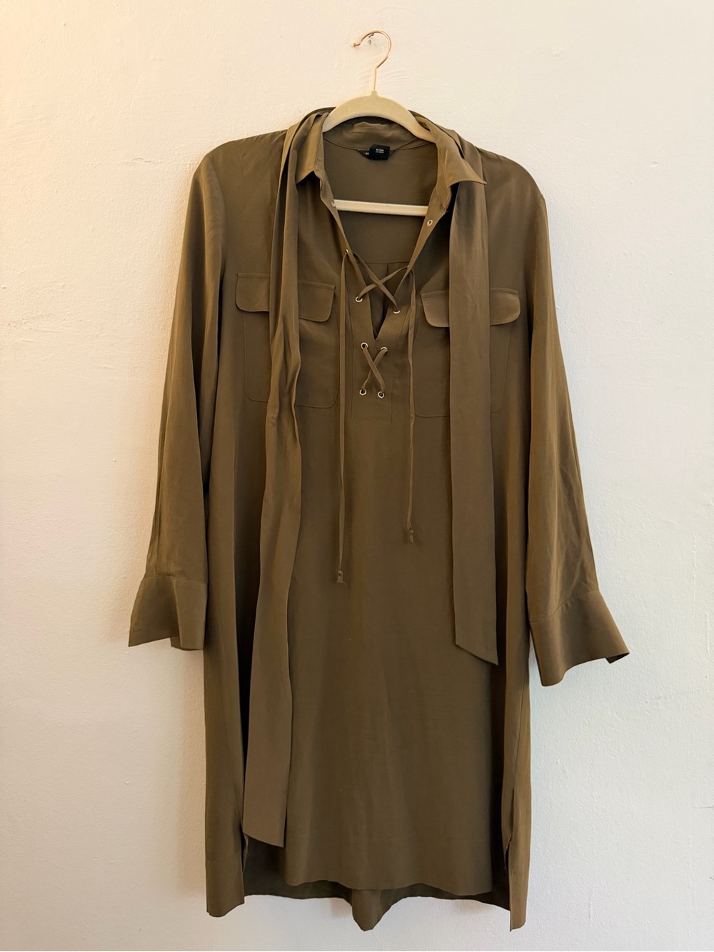 Club Monaco Olive Green Lace-Up Tie-Waist Long Sleeve Shirt Dress size 8